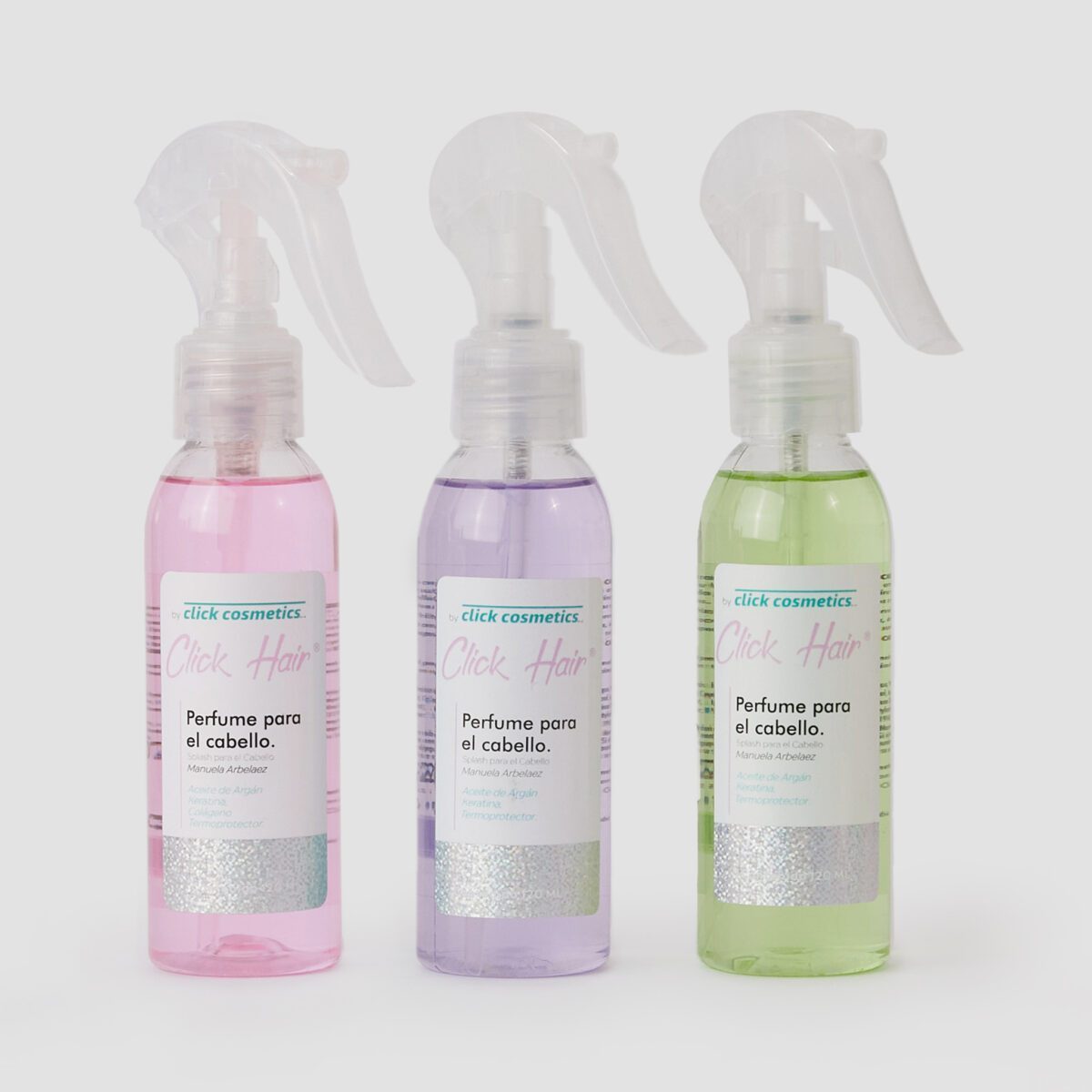 Kit perfumes para el cabello rosa, morado y verde Click